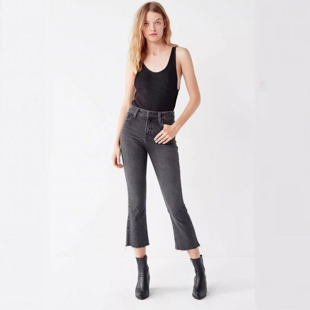 BDG Kick Flare High Rise Cropped and Raw Hem Black Faded Jeans - SIze 25